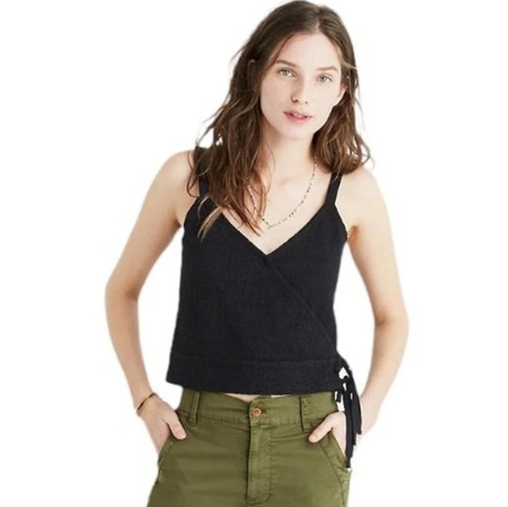 Madewell Cotton Blend Jacquard Black Faux-Wrap Tank Top XXS